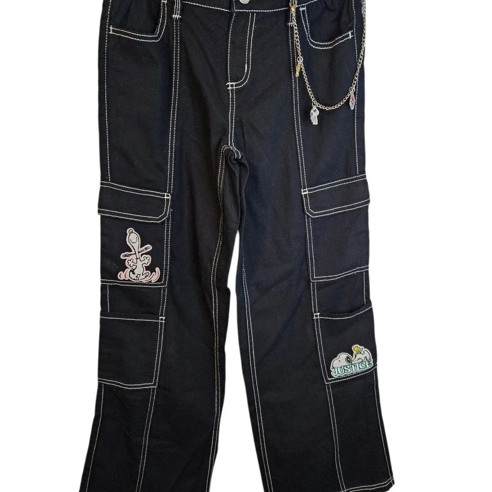 Justice Peanuts Snoopy Black Cargo Pants with Chain Size 12